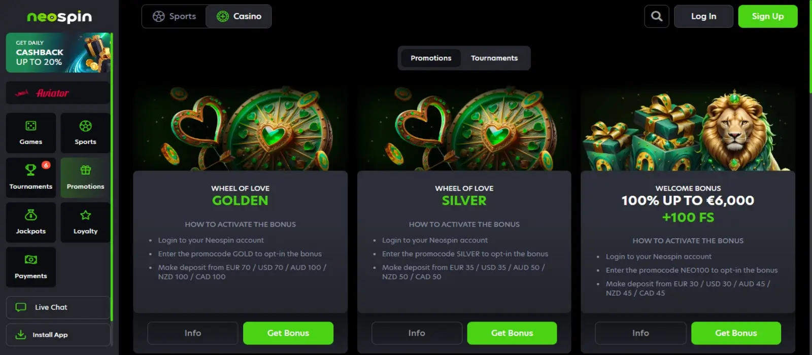 Illustration of NeoSpin game lobby
